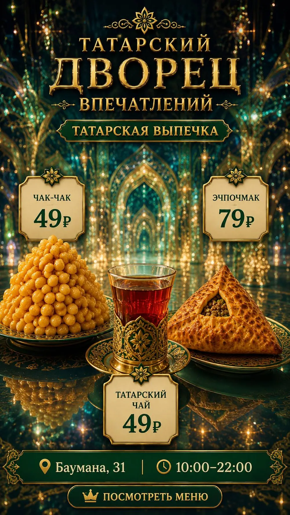 Татарская выпечка в кафе Дворца Впечатлений: чак-чак 49 ₽, татарский чай 49 ₽, эчпочмак 79 ₽